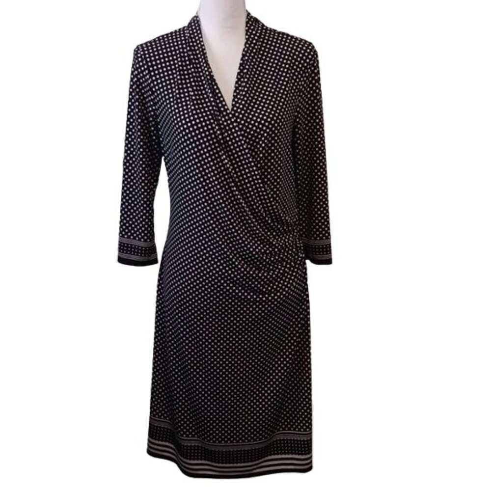 Max Studio Black &‎ White Polka-Dot Surplice Ruched Waist Midi Dress Size L